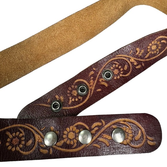 Boho Western Tooled Leather Stamped Belt One Size Brown Waist Snap Statement - Picture 4 of 5